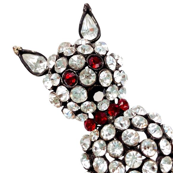 VTG Mid Century Figural Rhinestone Cat Brooch Clear Red Black Glass Stones Pin - Picture 8 of 11